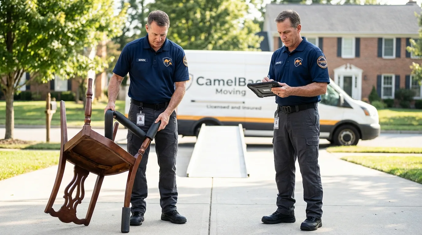 Movers inspecting furniture for damage prevention before loading in Ottumwa, IA