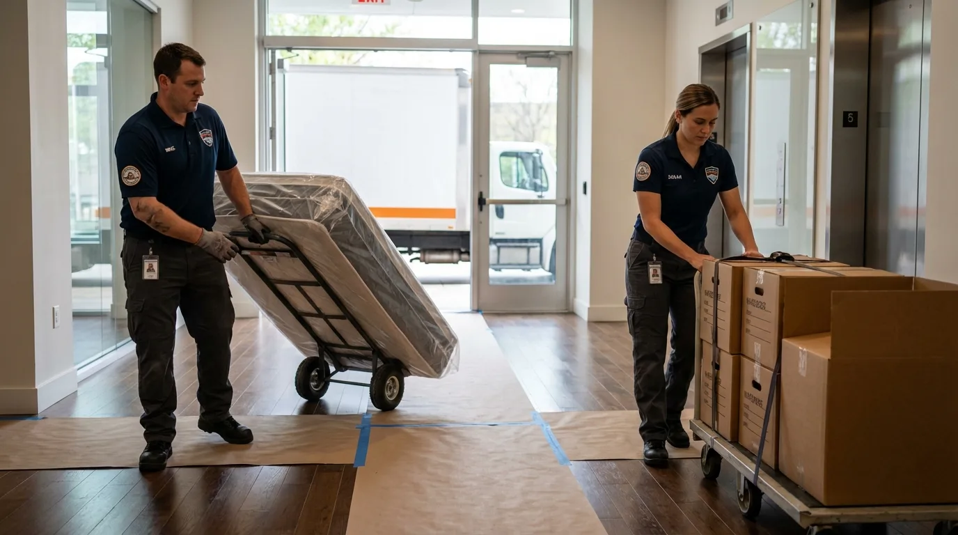 Professional apartment movers loading elevator in Ottumwa, IA